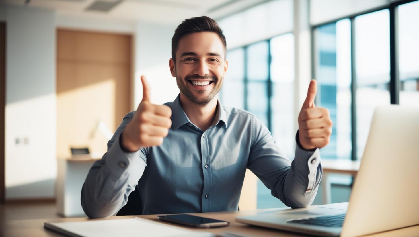 Ein Mitarbeiter sitzt an seinem Arbeitsplatz und zeigt beide Daumen nach oben.