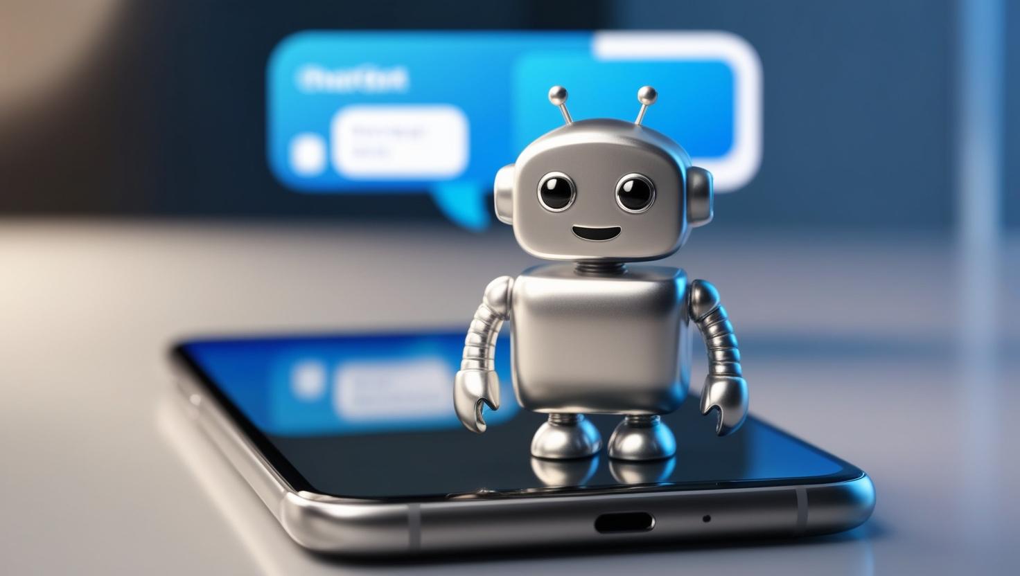 Ein kleiner Roboter mit Sprechblase sitzt auf einem Handy.