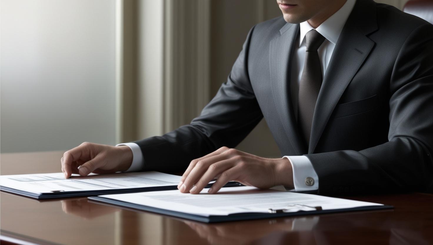 Ein Mensch im Anzug schaut auf Dokumente, die sich auf einem Tisch befinden.
