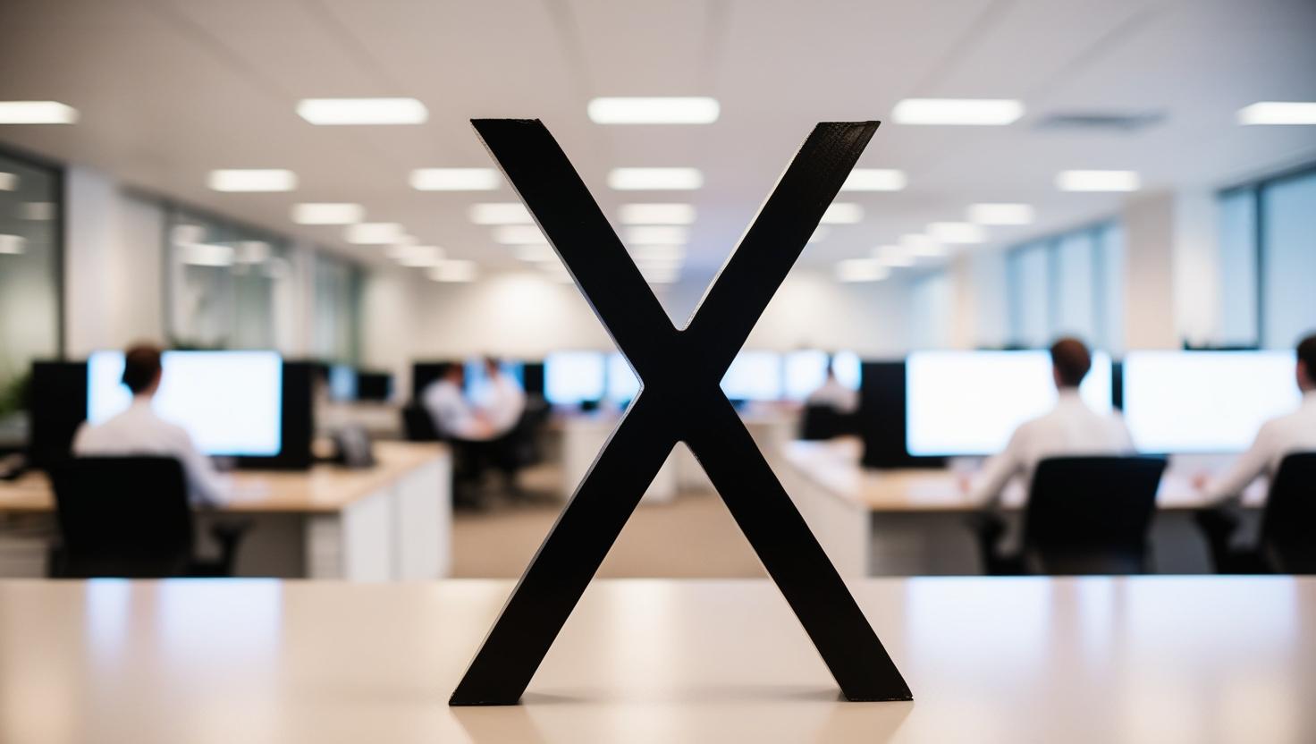 Im Hintergrund befindet sich ein Büro. Im Vordergrund ein schwarzes X.