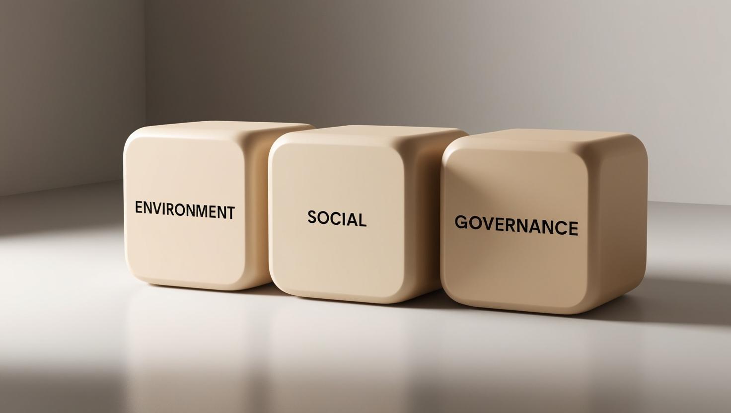 Auf einem Tisch befinden sich drei Würfel mit den Aufschriften "Environment", "Social" und "Governance".