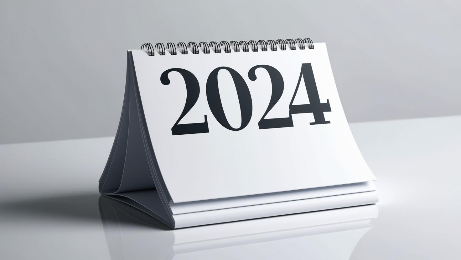 Auf einem Tisch befindet sich ein kleiner Kalender für das Jahr 2024.