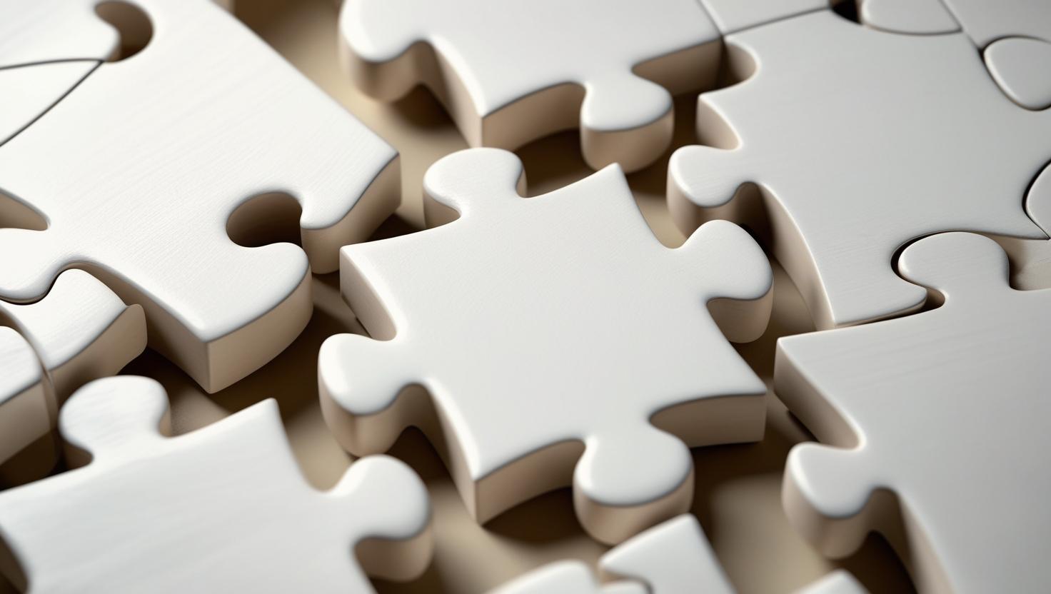 Auf einem Tisch liegen weiße Puzzleteile, die teilweise ineinandergreifen.
