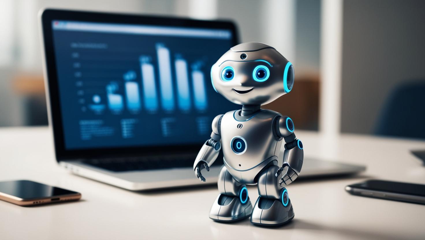 Im Vordergrund befindet sich ein kleiner Roboter. Im Hintergrund sieht man einen PC mit Datenauswertungen.