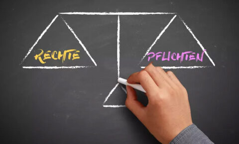 Kreidetafel mit einer Waage, auf der "Rechte" und "Pflichten" steht