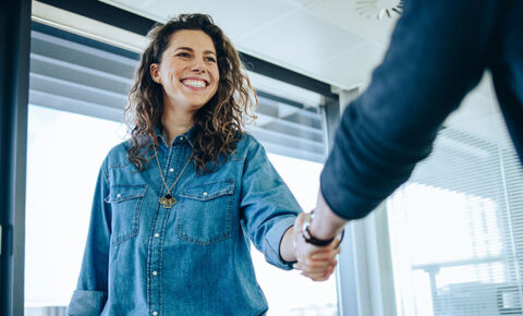 Lächelnde Frau und Berater beim Handschlag im Büro