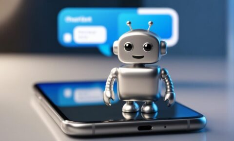 Silberner Roboter steht auf einem Smartphone mit Chat-Sprechblasen im Hintergrund