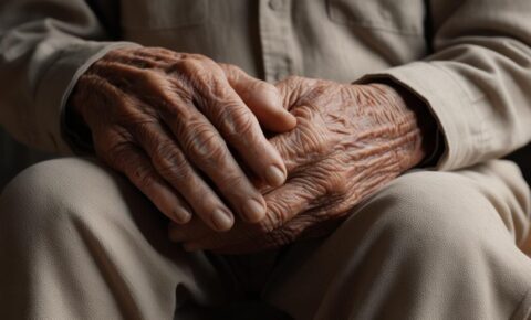 Nahaufnahme der gefalteten Hände einer älteren Person