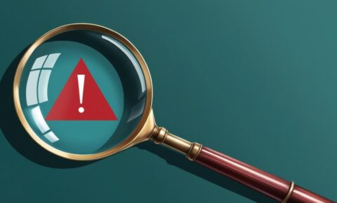 Lupe vergrößert ein rotes Warndreieck mit Ausrufezeichen auf petrolblauem Hintergrund