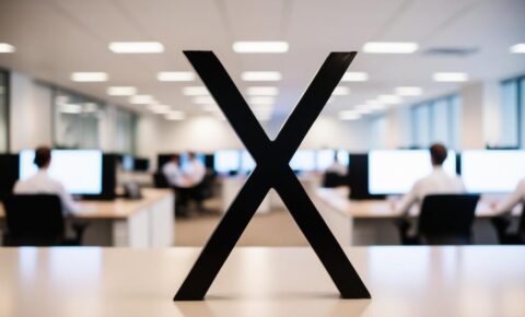 Schwarzes X-Symbol vor einem unscharfen Büro-Hintergrund
