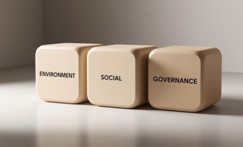 Drei beigefarbene Würfel mit den Aufschriften Environment, Social und Governance – symbolisieren die drei ESG-Kriterien
