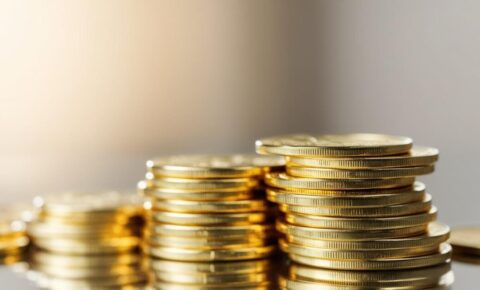 Mehrere Stapel goldener Münzen auf einer glänzenden Oberfläche vor hellem Hintergrund