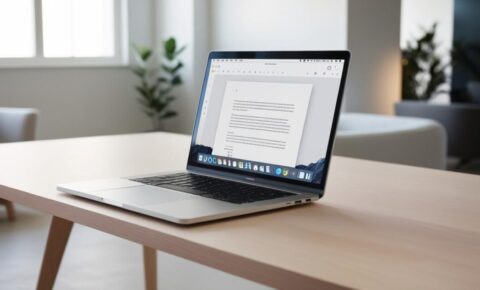 Laptop auf einem hellen Holzschreibtisch in einem modernen Homeoffice