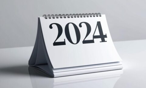 Aufgestellter Tischkalender mit der Jahreszahl 2024 auf weißem Untergrund