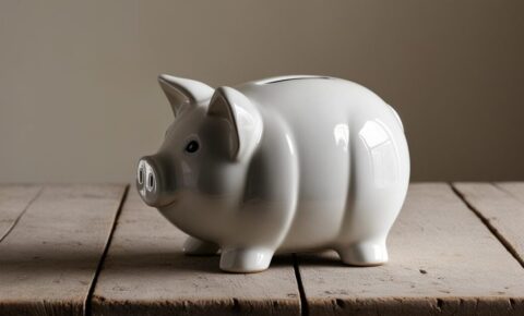 Weißes Keramik-Sparschwein auf einem Holztisch