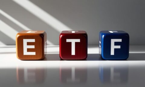 Drei farbige Würfel mit den Buchstaben E, T und F stehen für das Kürzel ETF (Exchange Traded Fund)