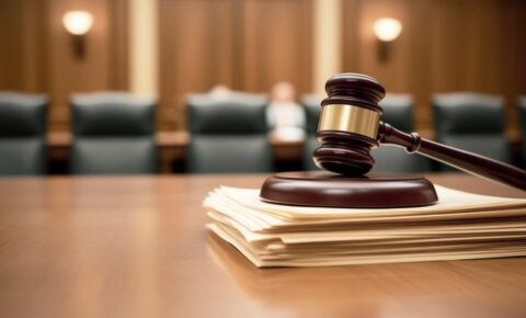 Holzhammer eines Richters liegt auf einem Stapel Papiere auf einem Holztisch in einem Gerichtssaal