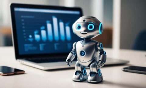 Freundlicher KI-Roboter vor Laptop mit Balkendiagramm