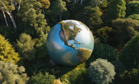 Digitale Illustration einer Erdkugel, umgeben von einem dichten, grünen Wald